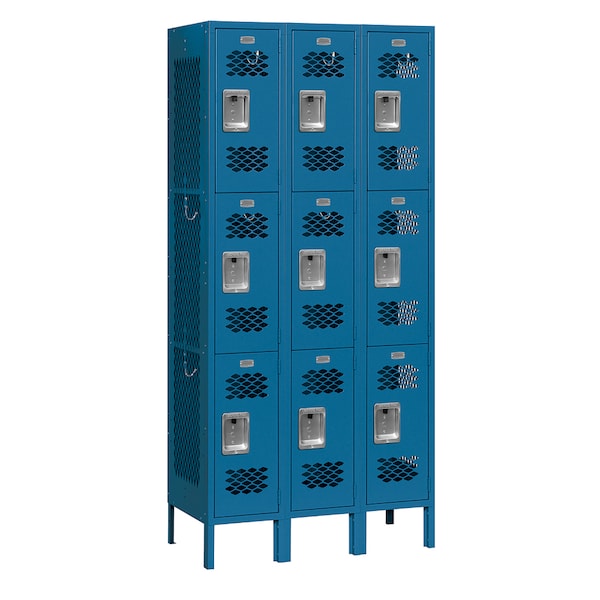 Wardrobe Locker, 36" W, 12" D, 78" H, (3) Wide, (9) Openings, Blue